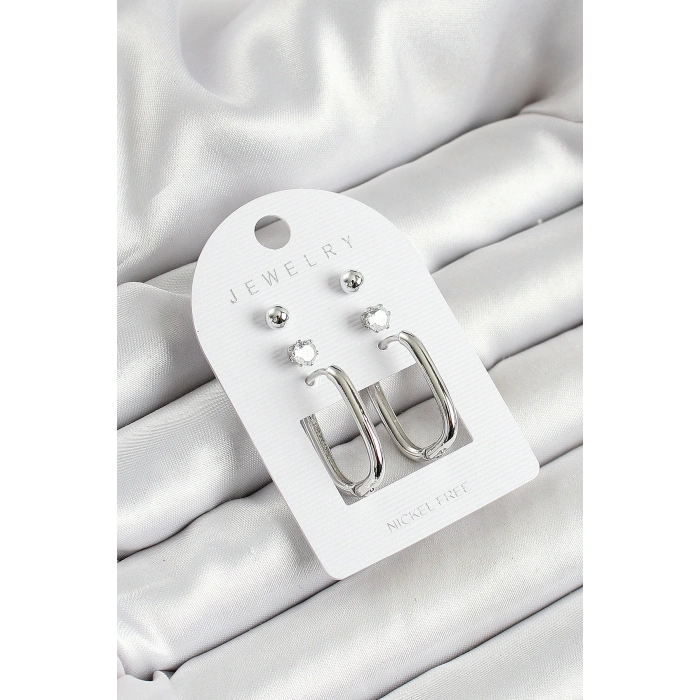 Pirinç Zirkon Taş Ve Dikdörtgen Figürlü Gümüş Renk 3lü Çift Kadın Küpe Set