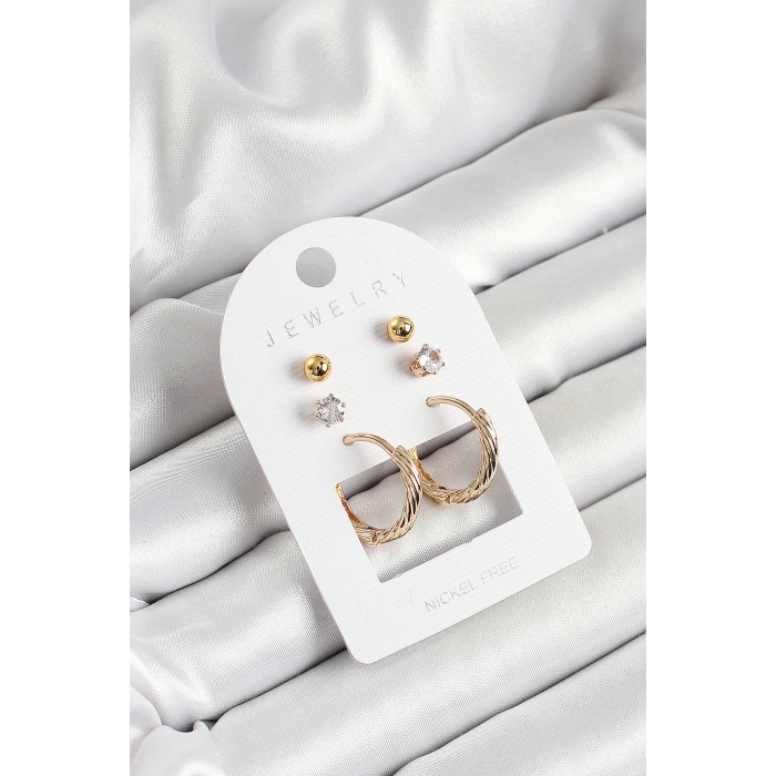 Pirinç Zirkon Taş Ve Halka Figürlü Gold Renk 3lü Çift Kadın Küpe Set