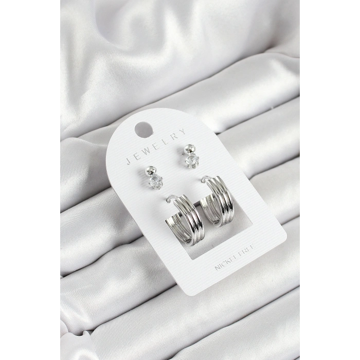 Pirinç Zirkon Taş Ve Halka Figürlü Gümüş Renk 3lü Çift Kadın Küpe Set