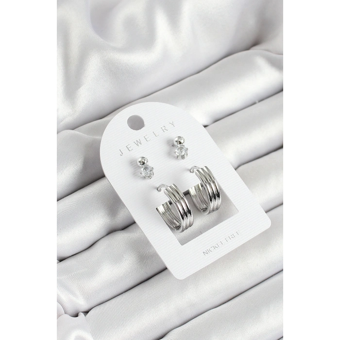 Pirinç Zirkon Taş Ve Halka Figürlü Gümüş Renk 3lü Çift Kadın Küpe Set