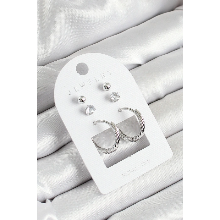 Pirinç Zirkon Taş Ve Halka Figürlü Gümüş Renk 3lü Çift Kadın Küpe Set
