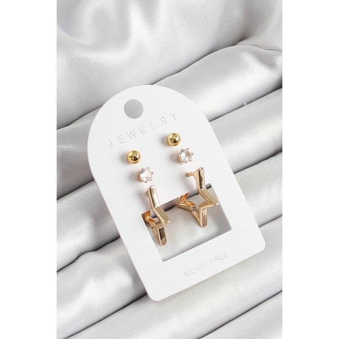 Pirinç Zirkon Taş Ve Yıldız Figürlü Gold Renk 3lü Çift Kadın Küpe Set
