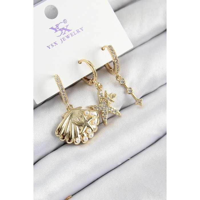 Pirinç Zirkon Taşlı 3lü İstiridye Ve Yıldız Model Gold Renk Kadın Küpe