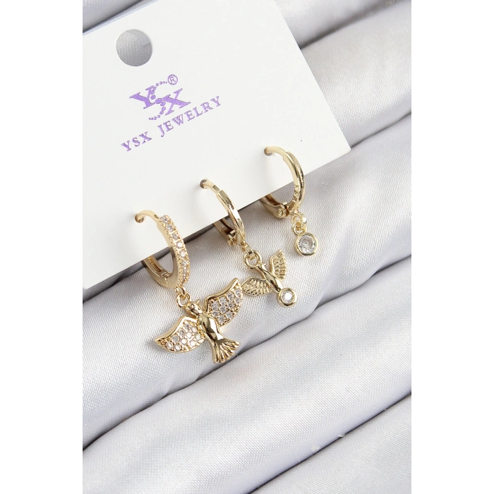 Pirinç Zirkon Taşlı 3lü Kuş Model Gold Renk Kadın Küpe