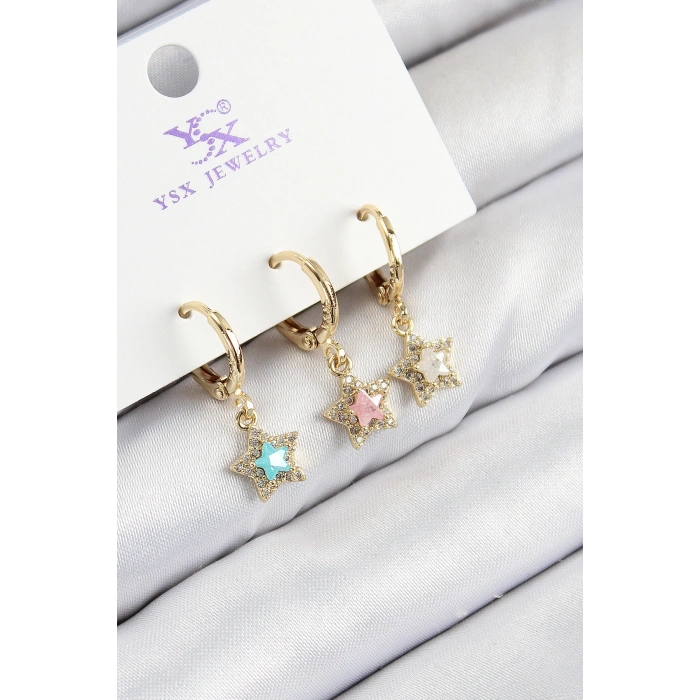 Pirinç Zirkon Taşlı 3lü Renkli Yıldız Model Gold Renk Kadın Küpe