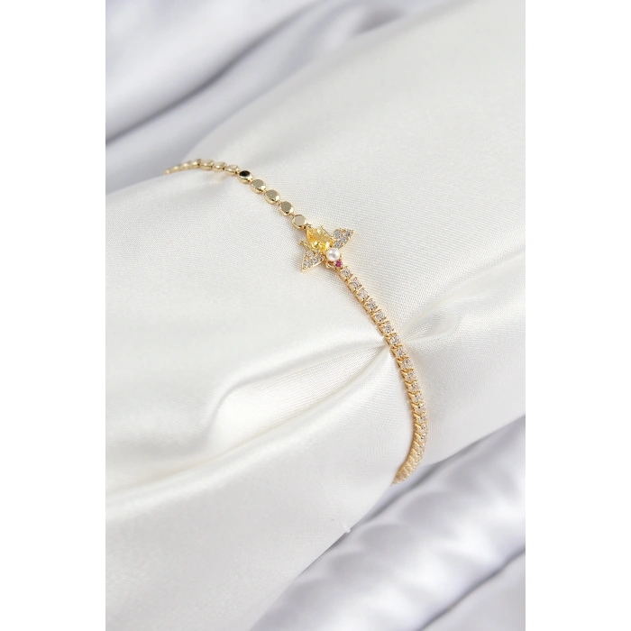 Pirinç Zirkon Taşlı Arı Model Ezme Zincir Gold Renk Kadın Bileklik