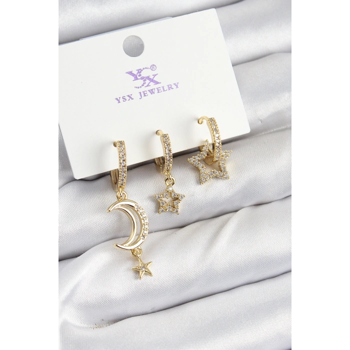 Pirinç Zİrkon Taşlı Ay Ve Hilal Model Gold Renk 3lü Kadın Küpe