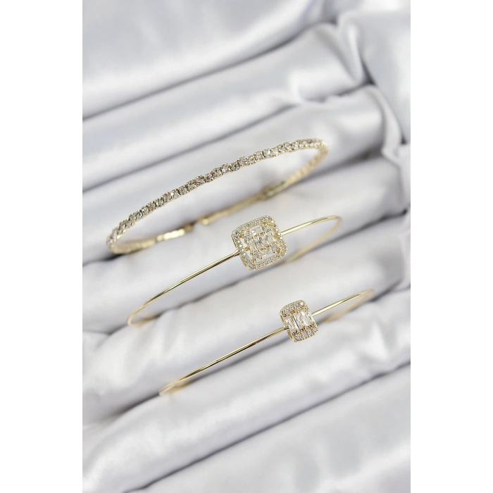 Pirinç Zirkon Taşlı Baget Model Gold Renk Vip 3lü Kadın Bileklik