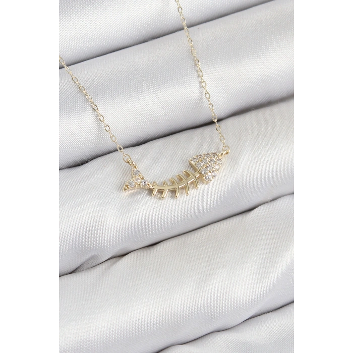 Pirinç Zirkon Taşlı Balık Kılçığı Model Gold Renk Kadın Kolye