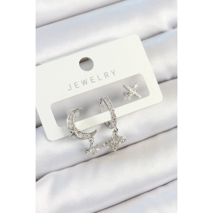 Pirinç Zirkon Taşlı Çiçek Ve Ay Model Gümüş Renk 3lü Çift Kadın Küpe Set