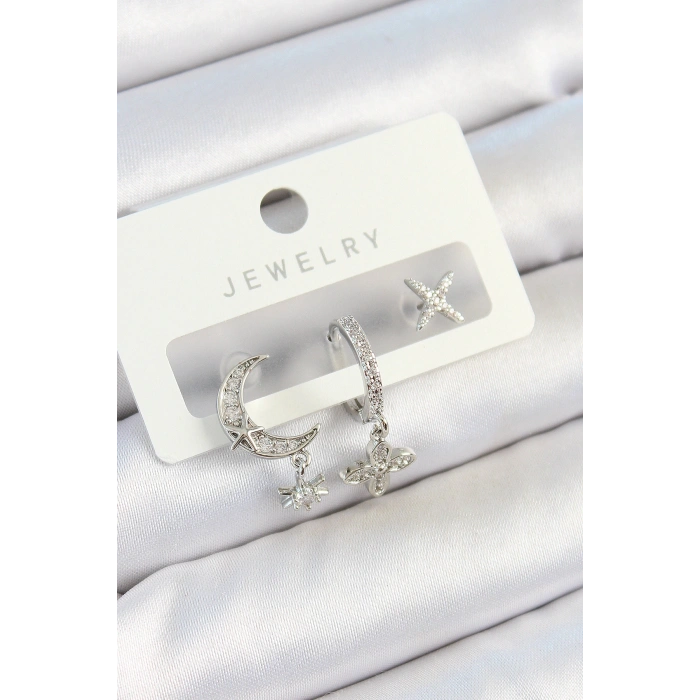 Pirinç Zirkon Taşlı Çiçek Ve Ay Model Gümüş Renk 3lü Çift Kadın Küpe Set