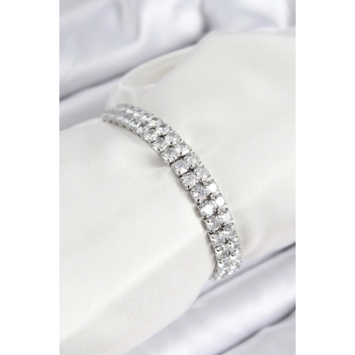 Pirinç Zirkon Taşlı Çift Sıra Kare Model Gümüş Renk Asansörlü Kadın Bileklik