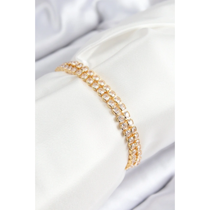 Pirinç Zirkon Taşlı Çift Sıra Model Gold Renk Asansörlü Kadın Bileklik