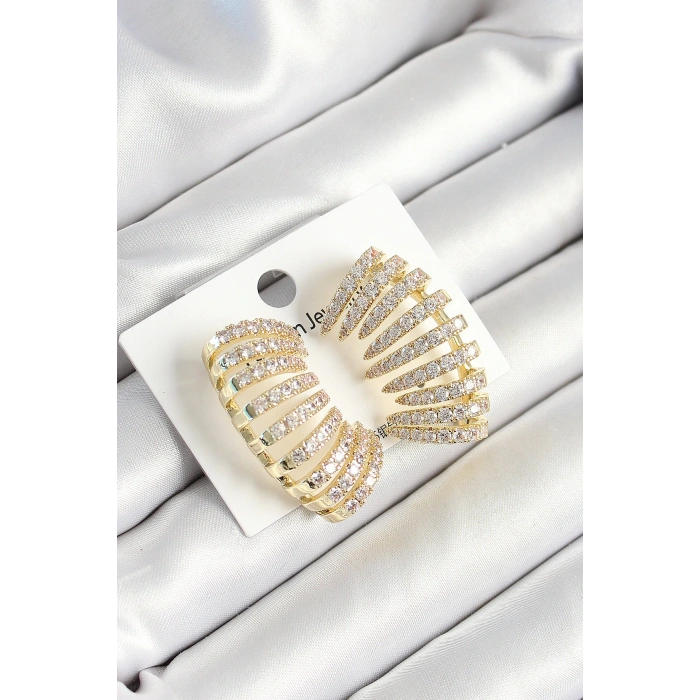 Pirinç Zirkon Taşlı Çoklu Görünümlü Model Gold Renk Kadın Küpe