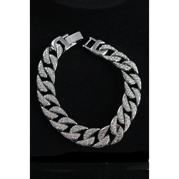 Pirinç Zirkon Taşlı Cuba Gurmet Model Gümüş Renk Erkek Bileklik