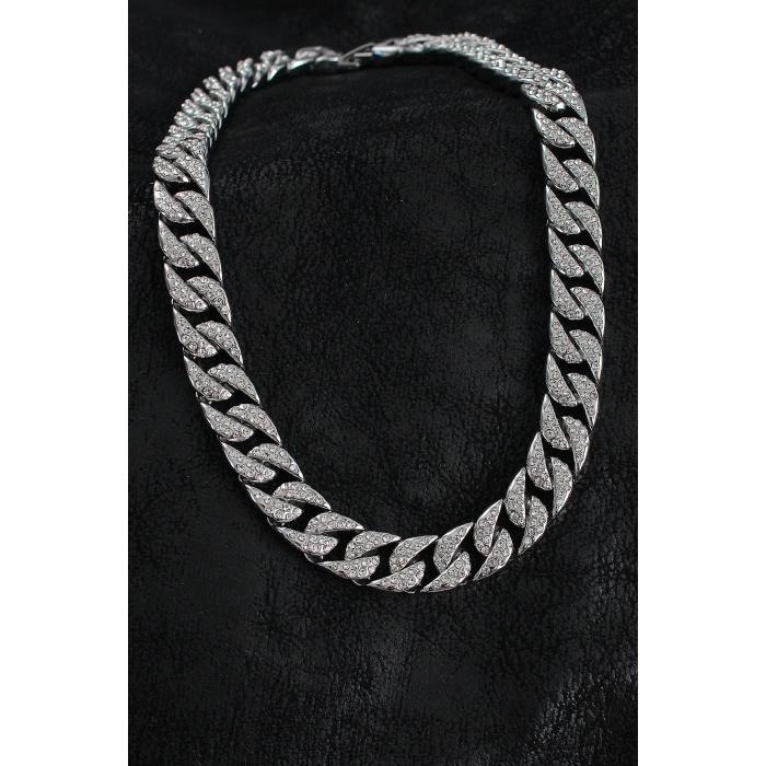 Pirinç Zirkon Taşlı Cuba Gurmet Model Gümüş Renk Erkek Kolye