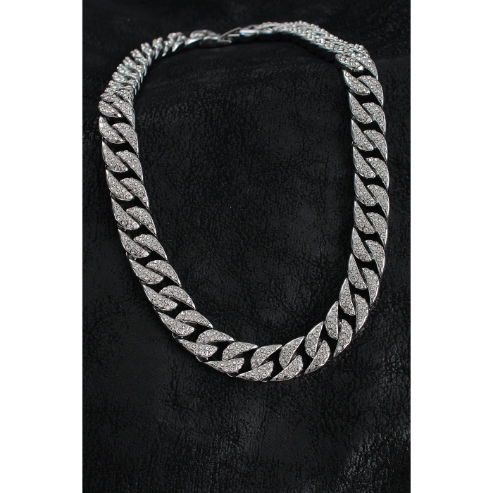 Pirinç Zirkon Taşlı Cuba Gurmet Model Gümüş Renk Erkek Kolye