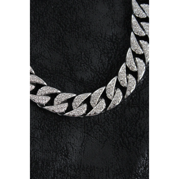 Pirinç Zirkon Taşlı Cuba Gurmet Model Gümüş Renk Erkek Kolye