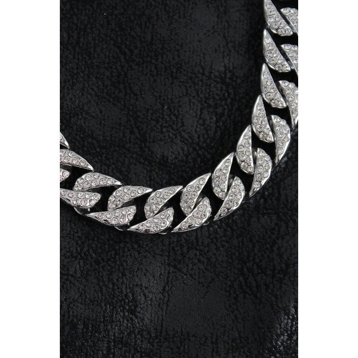 Pirinç Zirkon Taşlı Cuba Gurmet Model Gümüş Renk Erkek Kolye