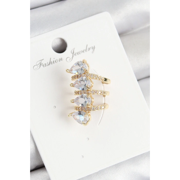 Pirinç Zirkon Taşlı Damla Model Gold Renk Sağ Kıkırdak Küpe