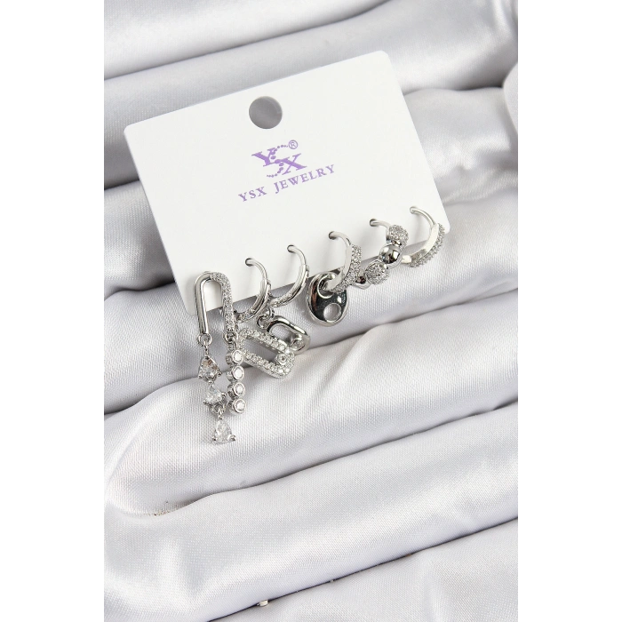 Pirinç Zİrkon Taşlı Dikdörtgen Model Gümüş Renk 3lü Çift Kadın Küpe