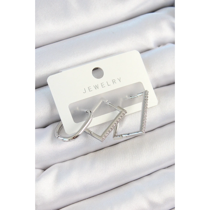 Pirinç Zirkon Taşlı Dikdörtgen Model Gümüş Renk 3lü Çift Kadın Küpe Set