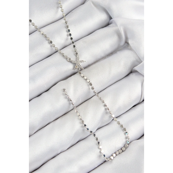 Pirinç Zirkon Taşlı Ezme Zincirli Deniz Yıldızı Model Gümüş Renk Y Kolye