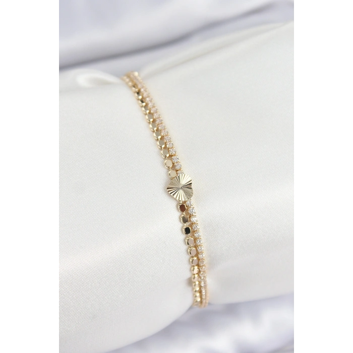 Pirinç Zirkon Taşlı Ezme Zincirli Kalp Model Gold Renk Kadın Bilekilk