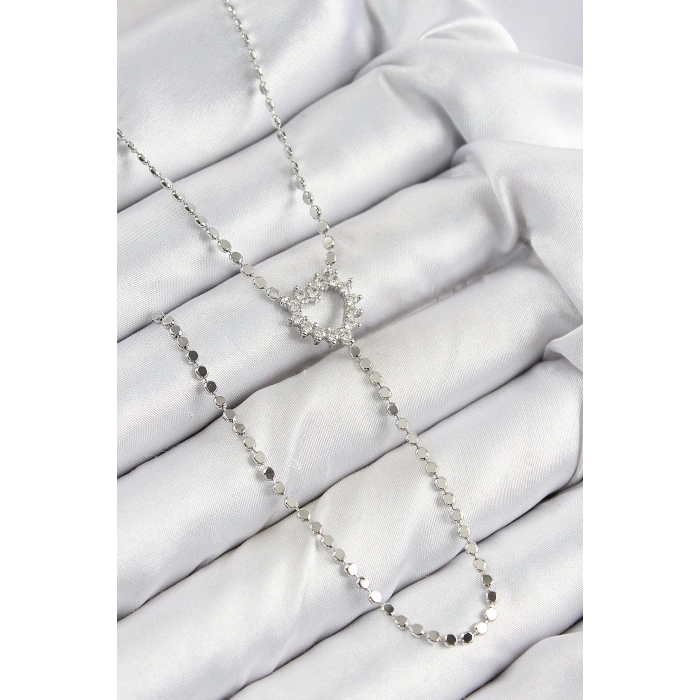 Pirinç Zirkon Taşlı Ezme Zincirli Kalp Model Gümüş Renk Y Kolye