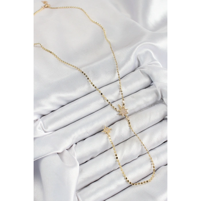 Pirinç Zirkon Taşlı Ezme Zincirli Kutup Yıldızı Model Gold Renk Y Kolye