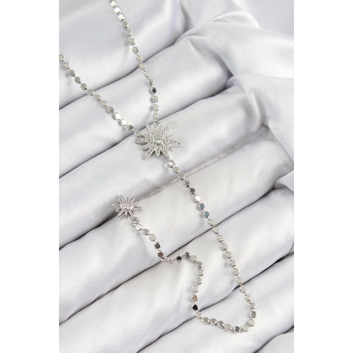 Pirinç Zirkon Taşlı Ezme Zincirli Kutup Yıldızı Model Gümüş Renk Y Kolye