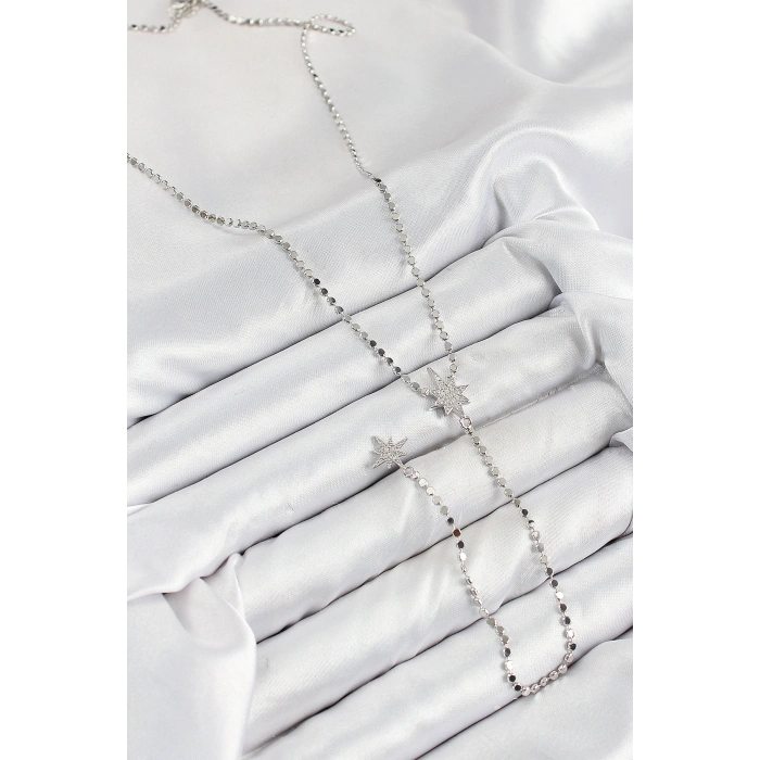 Pirinç Zirkon Taşlı Ezme Zincirli Kutup Yıldızı Model Gümüş Renk Y Kolye