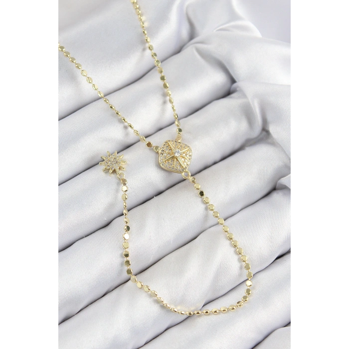 Pirinç Zirkon Taşlı Ezme Zincirli Madalyon Model Gold Renk Y Kolye