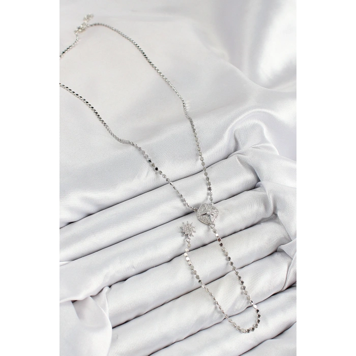 Pirinç Zirkon Taşlı Ezme Zincirli Madalyon Model Gümüş Renk Y Kolye