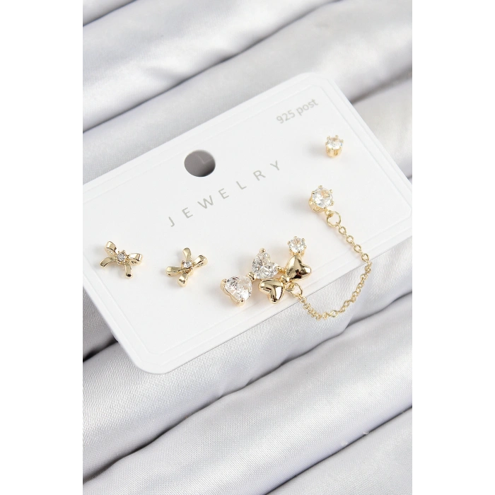 Pirinç Zirkon Taşlı Fiyonk Model Gold Renk 925 Ayar Gümüş Çivi Kadın Küpe Set