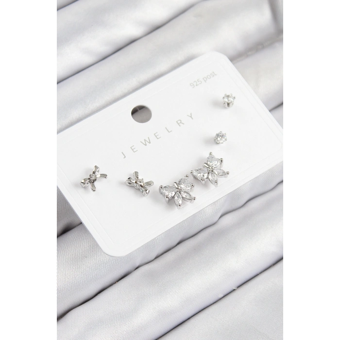 Pirinç Zirkon Taşlı Fiyonk Model Gümüş Renk 925 Ayar Gümüş Çivi Kadın Küpe Set