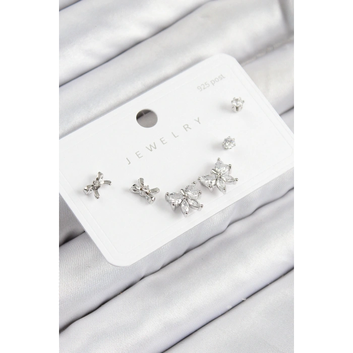 Pirinç Zirkon Taşlı Fiyonk Model Gümüş Renk 925 Ayar Gümüş Çivi Kadın Küpe Set