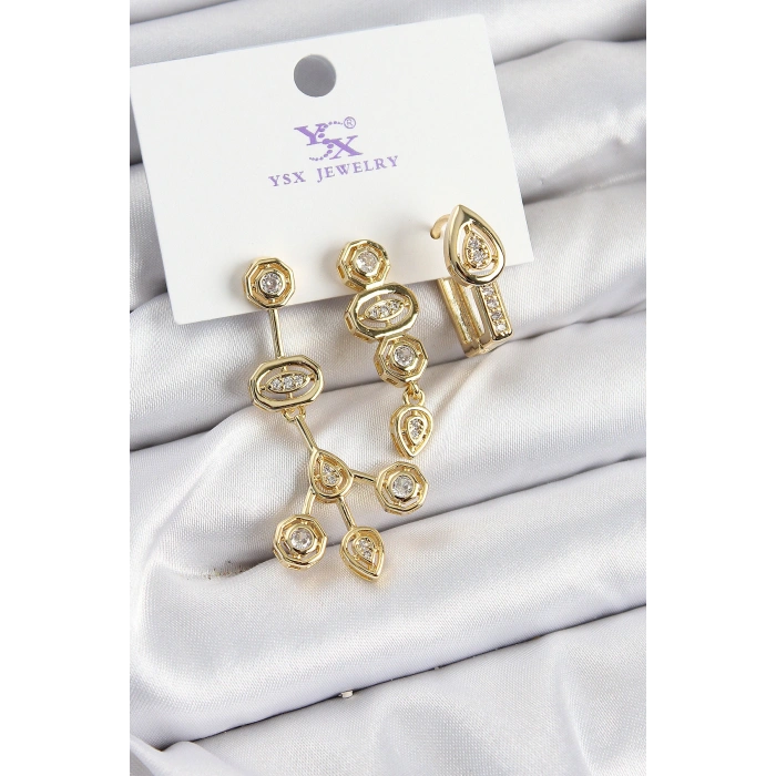 Pirinç Zİrkon Taşlı Geometrik Model Gold Renk 3lü Kadın Küpe