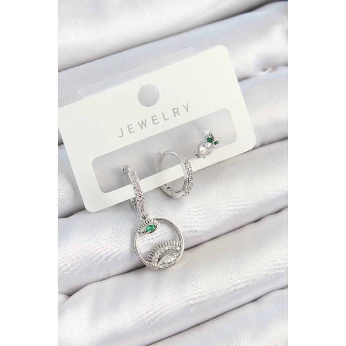 Pirinç Zirkon Taşlı Göz Ve Baykuş Model Gümüş Renk 3lü Çift Kadın Küpe Set