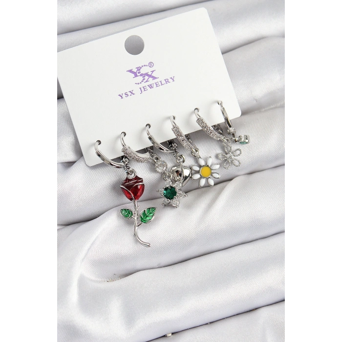 Pirinç Zİrkon Taşlı Gül Ve Papatya Model Gümüş Renk 3lü Çift Kadın Küpe