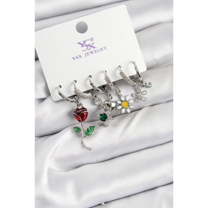 Pirinç Zİrkon Taşlı Gül Ve Papatya Model Gümüş Renk 3lü Çift Kadın Küpe