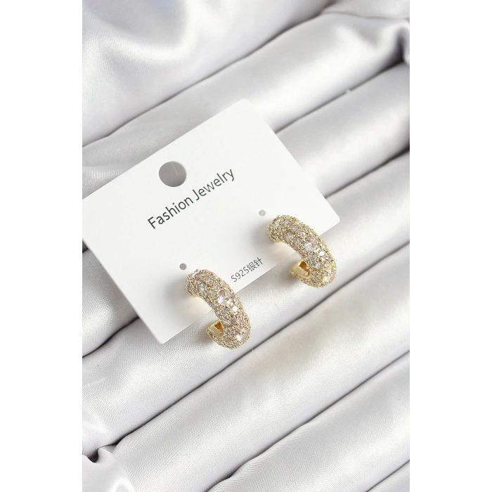 Pirinç Zirkon Taşlı Halka Model Gold Renk Kadın Küpe