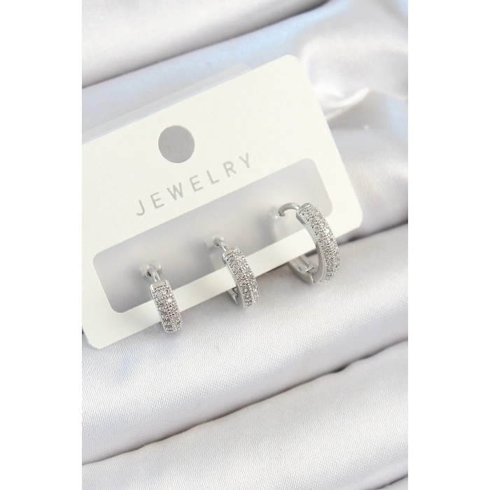 Pirinç Zirkon Taşlı Halka Model Gümüş Renk 3lü Çift Kadın Küpe Set