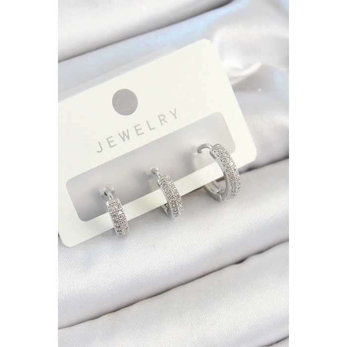 Pirinç Zirkon Taşlı Halka Model Gümüş Renk 3lü Çift Kadın Küpe Set