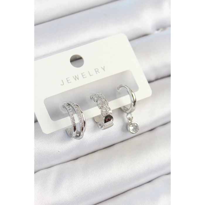 Pirinç Zirkon Taşlı Halka Model Gümüş Renk 3lü Çift Kadın Küpe Set