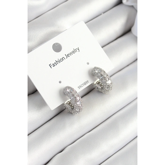 Pirinç Zirkon Taşlı Halka Model Gümüş Renk Kadın Küpe