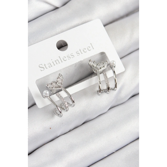 Pirinç Zirkon Taşlı İnci Detaylı Balık Kuyruğu Model Gümüş Renk Kadın Küpe