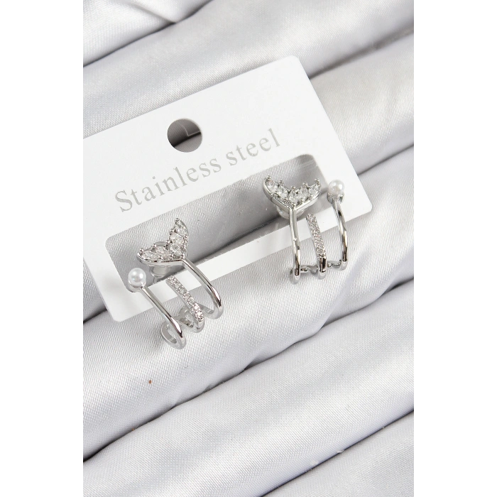 Pirinç Zirkon Taşlı İnci Detaylı Balık Kuyruğu Model Gümüş Renk Kadın Küpe