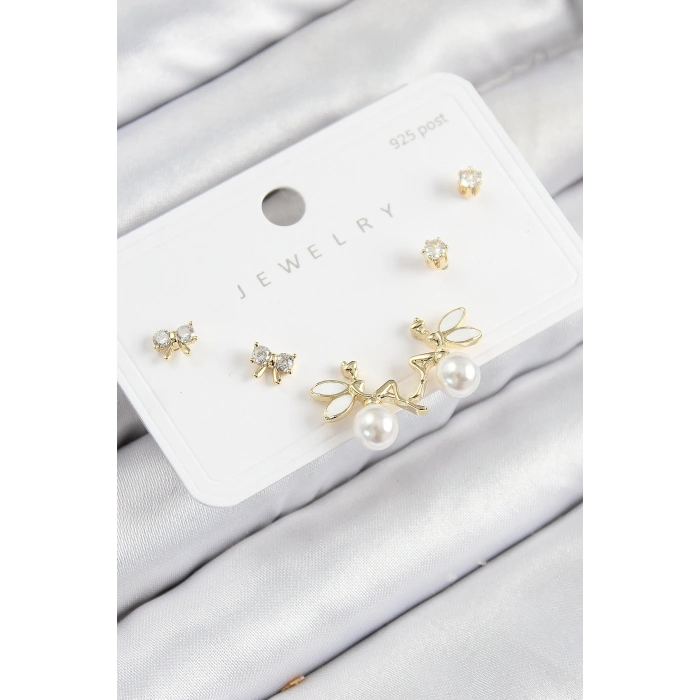 Pirinç Zirkon Taşlı İnci Melek Model Gold Renk 925 Ayar Gümüş Çivi Kadın Küpe Set