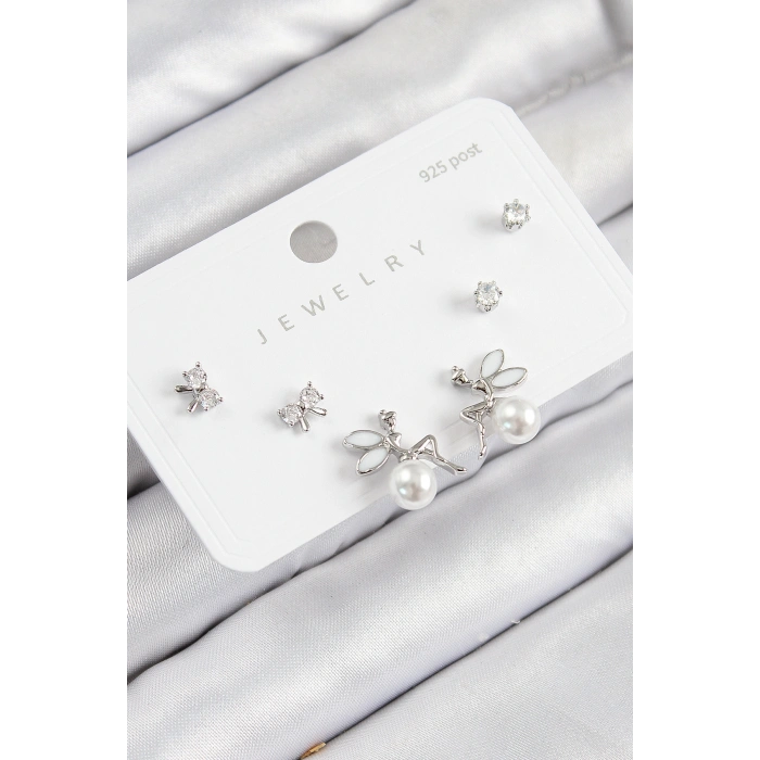 Pirinç Zirkon Taşlı İnci Melek Model Gümüş Renk 925 Ayar Gümüş Çivi Kadın Küpe Set